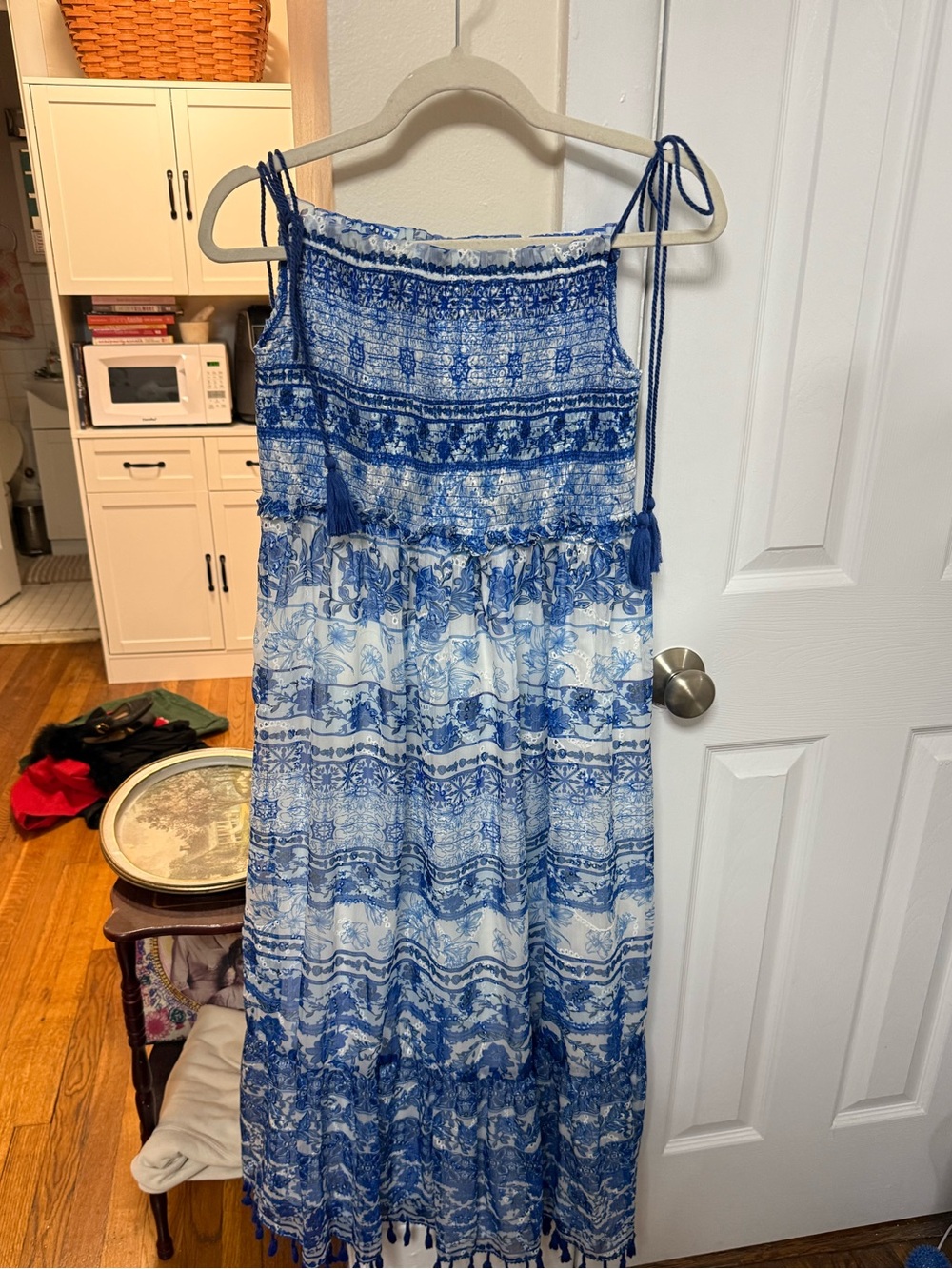 Blue and White Smocked Sundress with Tassel Ties